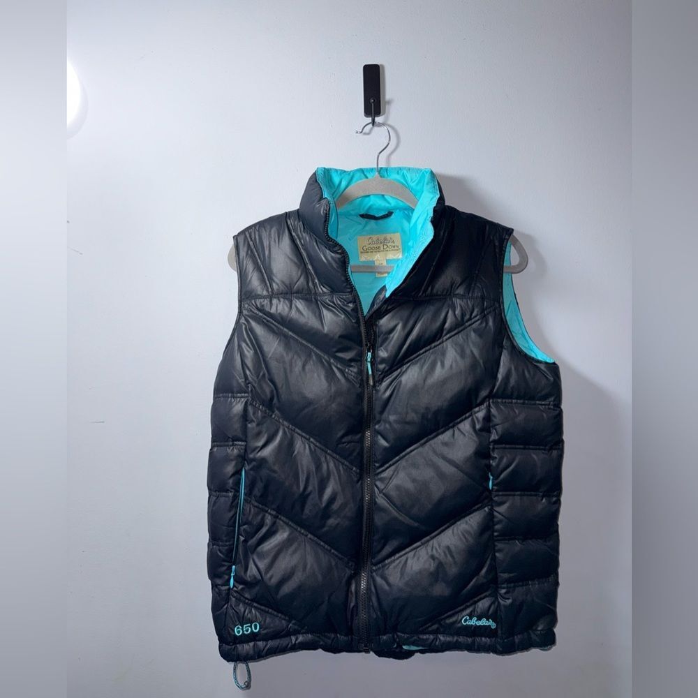Cabela’s Goose Down 650 Navy and Aqua Puffer Vest size Small EUC